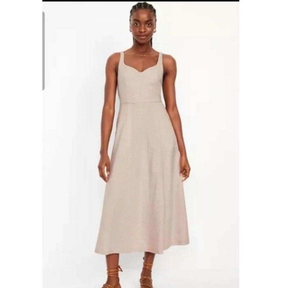 Old Navy XL Beige Linen Smocked Back Midi Dress Pockets Cottage Lagenlook Costal